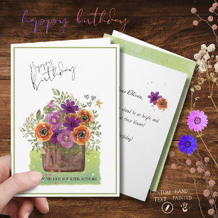 Cartão Vibrant Watercolor Floral Wooden Planter Aniversár