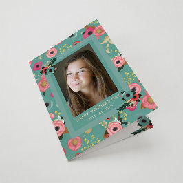 Cartão Vibrante | Feliz Dia das Mães Floral Teal e Foto