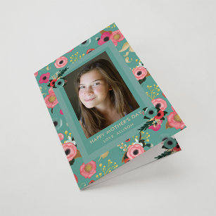 Cartão Vibrante   Feliz Dia de as mães Teal Floral e Foto