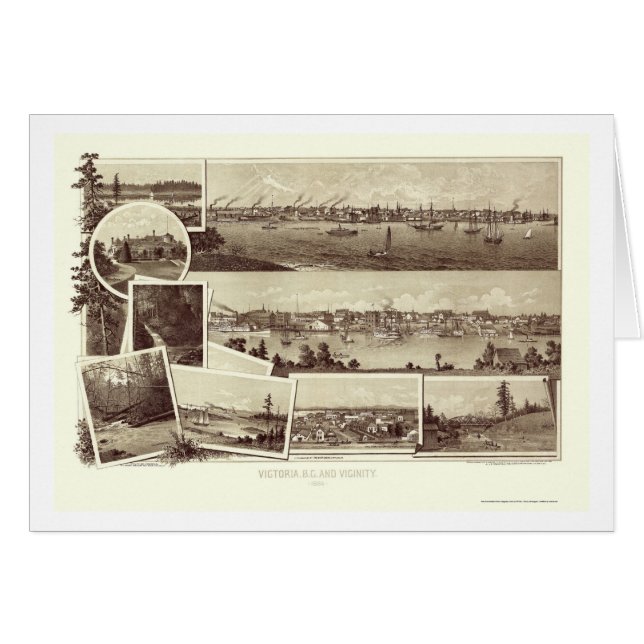 Cartão Victoria, BC, mapa panorâmico de Canadá - 1884 (Frente Horizontal)