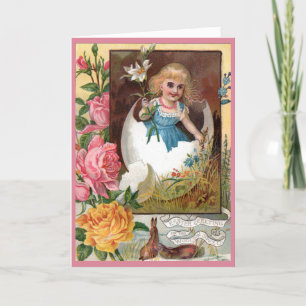 Cartão Victorian Easter Card - Girl in Egg