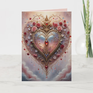 Cartão Victorian golden heart, roses and flowers, vintage