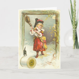 Cartão Victorian Halloween card with girl witch and cat
