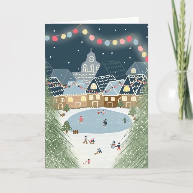Cartão Vila de inverno de Natal Ilustrada (Frente)