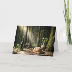 Cartão Vinho e pão de aniversário em Mesa de floresta