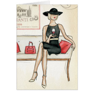 Cartão Vinho tinto do bebendo da mulher