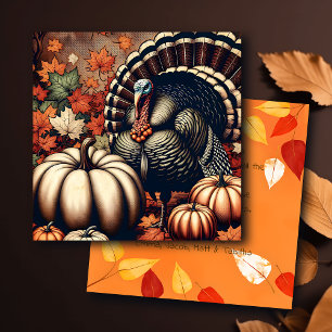 Cartão Vintage Ação de Graças Turquia e Pumpkins