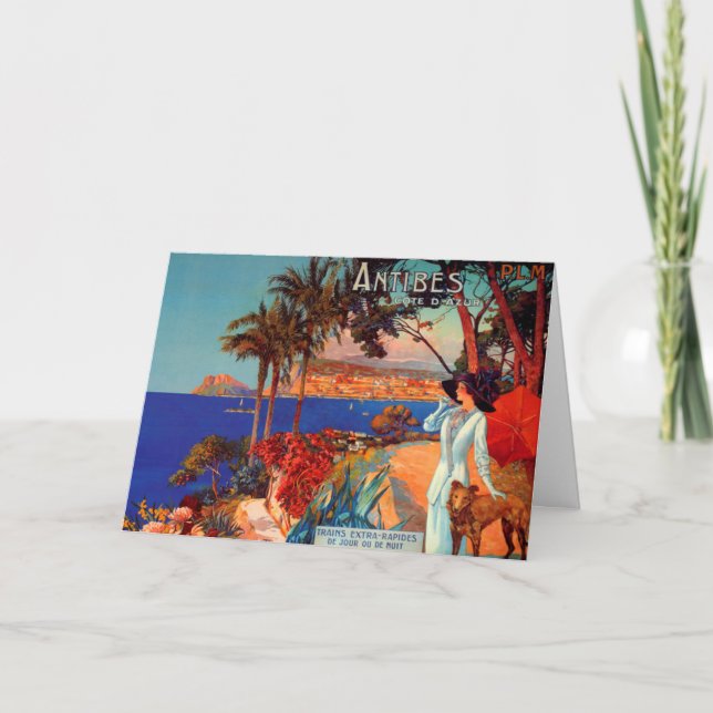 Cartão Vintage Antibes Cote D'Azur Mulher e Cão (Frente)