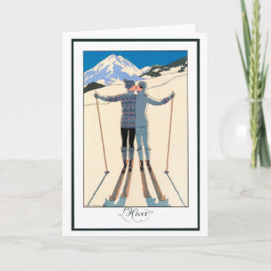 Cartão Vintage Art Deco, Amantes na neve por George Barbi