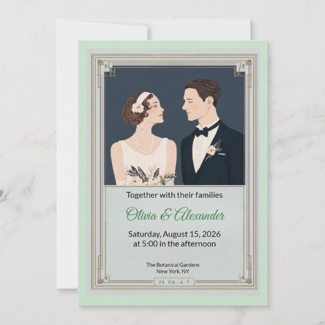 Cartão Vintage Art Deco Couple Wedding Invitation (Frente)