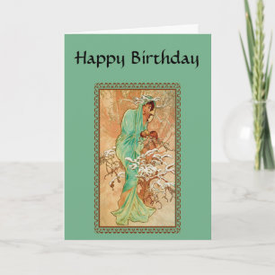 Cartão Vintage Art Deco Lady Green Golden Tree Birthday