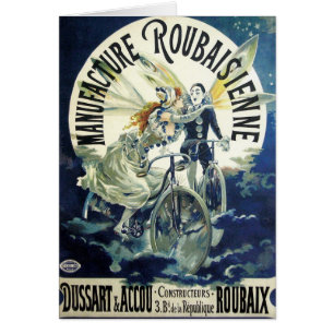 Cartão Vintage Art Nouveau Fairies, Pierrot Bicycle Moon