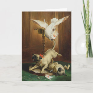 Cartão Vintage Artwork - Two Pugs and a Cockatoo,
