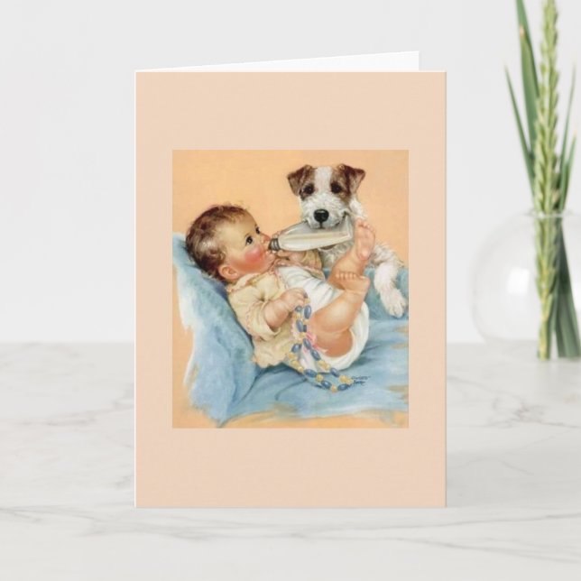 Cartão Vintage Baby and Dog Greeting Card (Frente)