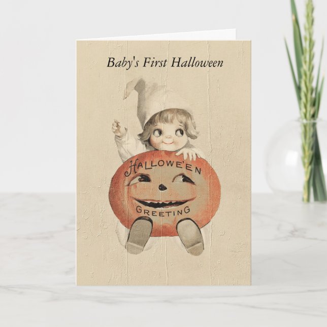 Cartão Vintage Baby's First Halloween Pumpkin (Frente)