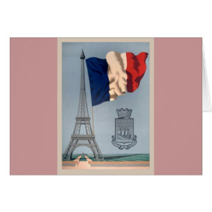 Cartão Vintage Bandeira Nacional Francesa e Torre Eiffel