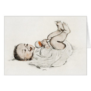 Cartão Vintage - Bebê com Rattle,
