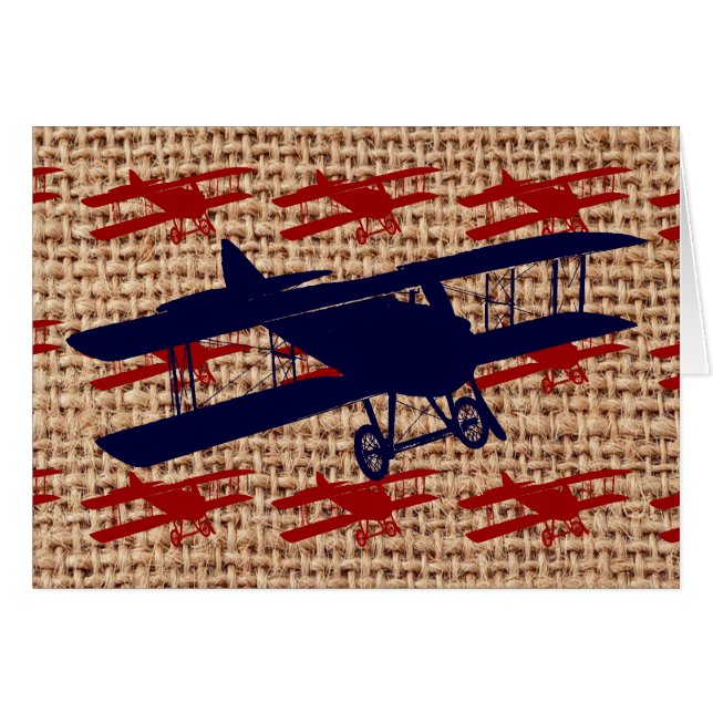 Cartão Vintage Biplane Propeller Avião em Burlap Impressã (Frente horizontal)