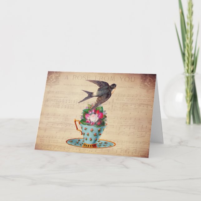 Cartão Vintage Bird, Rosas e Teacup (Frente)