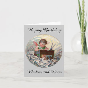 Cartão Vintage Birthday Angel Child Writing at Desk