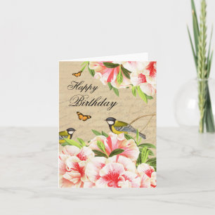 Cartão Vintage birthday note card with birds and flowers