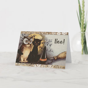 Cartão Vintage Black Cat and Owen Halloween