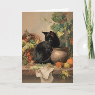 Cartão Vintage Black Cat Em Meio A Frutas De Outono
