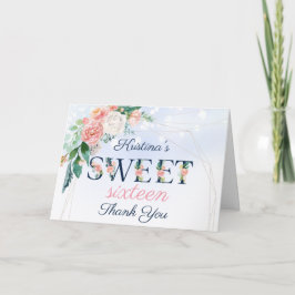 Cartão Vintage Blue e Pink Floral Sweet 16 Obrigado