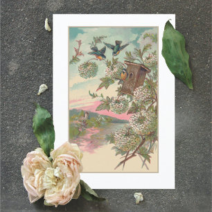 Cartão Vintage Bluebird House Hydrangea Birthday