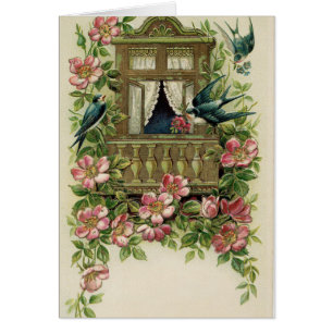 Cartão Vintage - Bluebirds em um balcão,