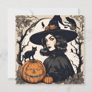 Cartão Vintage Bonito Bruxa de Halloween com Gatos Negros