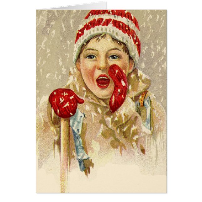 Cartão vintage boy na neve (Frente)