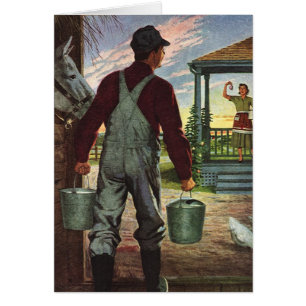 Cartão Vintage Business, Fazenda com agricultores e galin