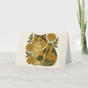 Cartão Vintage Calico Kitty Cat Marigold Flores