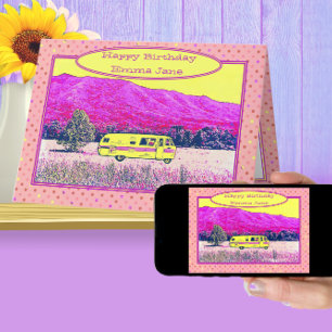 Cartão Vintage Camper Van Happy Birthday - Bolinhas Rosa