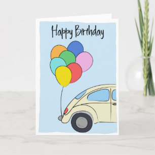 Cartão Vintage Car and Colorful Balloons Drawing Birthday