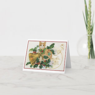 Cartão Vintage Cat com Bells e Holly Christmas