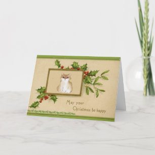 Cartão Vintage Cat e Holly Christmas Card