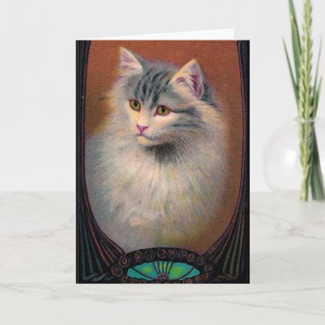 Cartão Vintage cat ilustration art nouveau elegant (Frente)