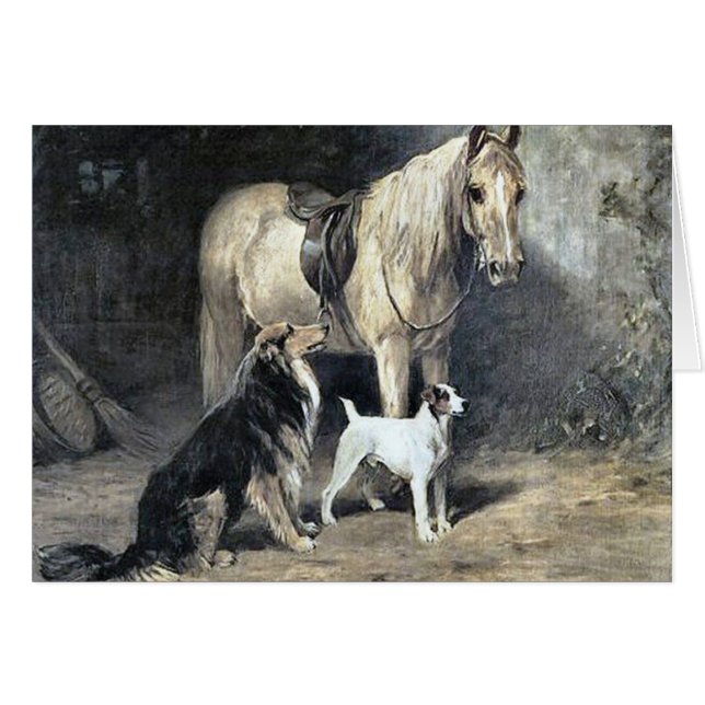 Cartão Vintage - cavalo & cães que esperam o mestre, (Frente Horizontal)