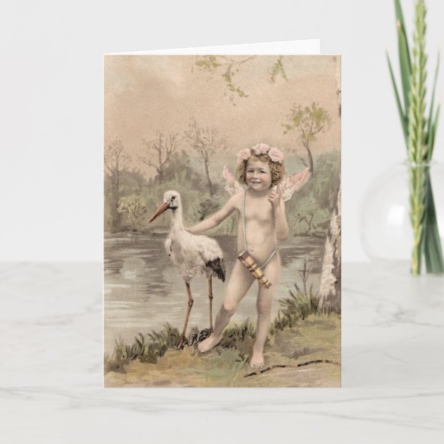 Cartão Vintage Cherub com Stork pelo Lago (Frente)