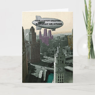 CARTÃO VINTAGE CHICAGO BLIMP SOBRE CITY QUIC BIRTHDAY PIC