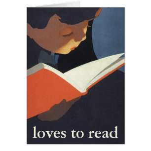 Cartão Vintage Child Lendo um Livro da Biblioteca