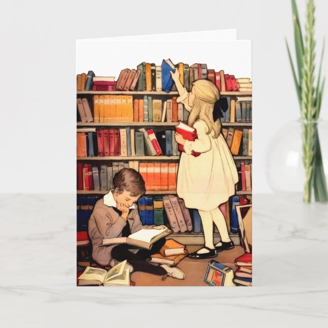 Cartão Vintage Children Reading Library Books Blank Card (Frente)
