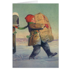 Cartão Vintage Christmas, Child with Large Package
