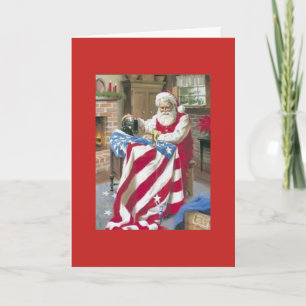 Cartão Vintage Christmas - Santa Sewing an American Flag,