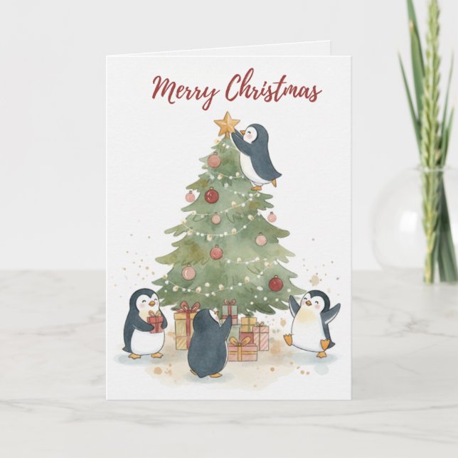 Cartão Vintage Christmas Tree Penguins Card (Frente)