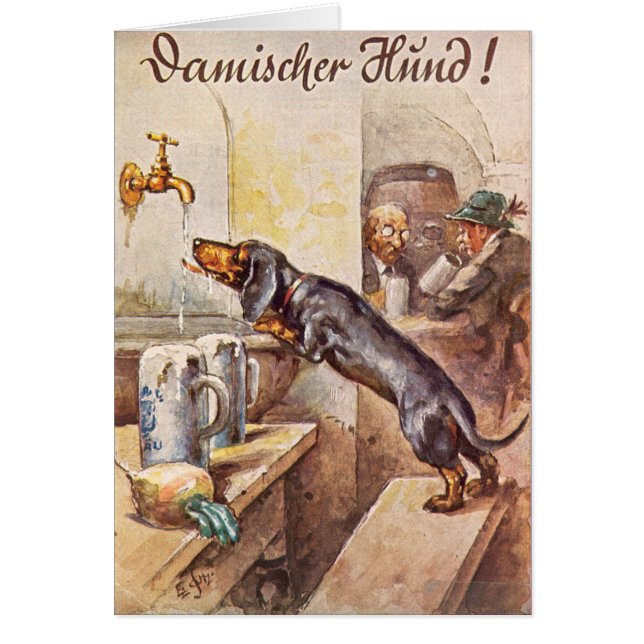 Cartão Vintage - Dachshund que bebe a cerveja alemão, (Frente)