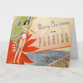 Cartão Vintage Deco Felry Christmas da garota da Flórida