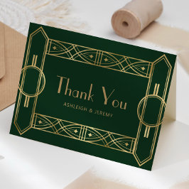 Cartão Vintage Deco Frame Green Gold Wedding Thank You